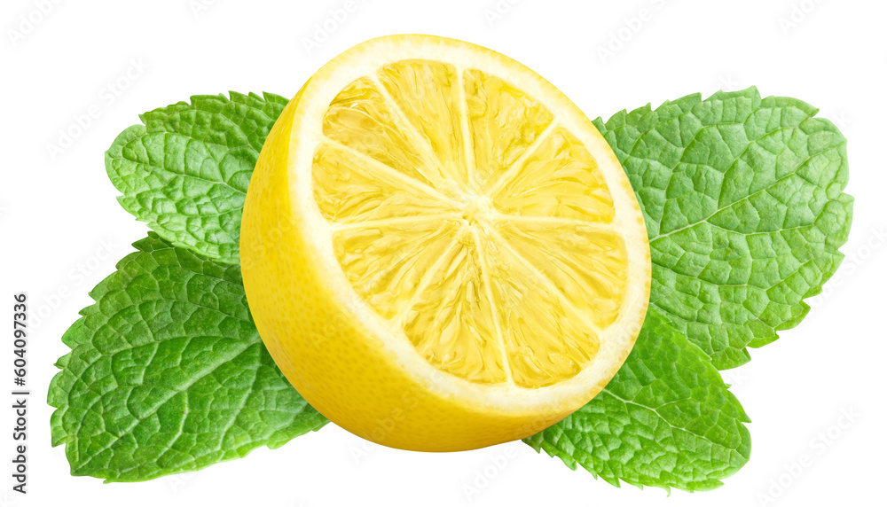 Delicious lemon half with mint leaves, cut out Delicious lemon half with mint leaves, cut out