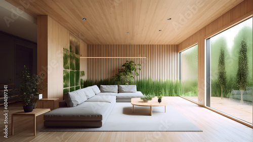Interior wooden living room design. AI generated.