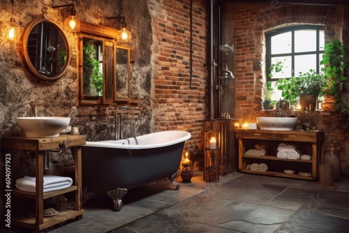 Rustic bathroom with exposed brick walls  wooden accents  and a copper bathtub  offering a cozy and earthy retreat - Generative AI