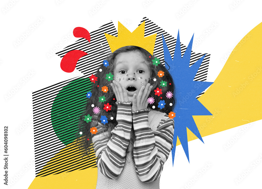 Little girl, child withdrawn crown over white background with colorful doodles. Playful kid. Emotions. Contemporary art collage. Concept of childhood, emotions, fun, dreams. Colorful creative design - obrazy, fototapety, plakaty 