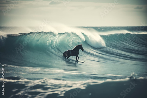 Horse surfing on a surfboard in the ocean waves, 