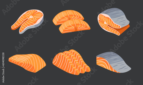 Salmon meat illustration vector bundle. Red fish salmon for sushi food menu vector illustration. Set of sliced pieces of salmon