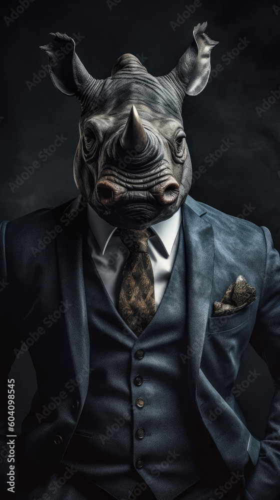 Rhinoceros dressed in an elegant suit with a nice tie. Fashion portrait of an anthropomorphic animal, shooted in a charismatic human attitude - Generative AI Rhinoceros dressed in an elegant suit with a nice tie. Fashion portrait of an anthropomorphic animal, shooted in a charismatic human attitude - Generative AI
