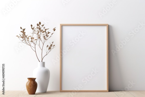 Empty vertical wooden picture frame mockup. Wooden desk, table. White vase with grass bouquet. Scandinavian interior design.