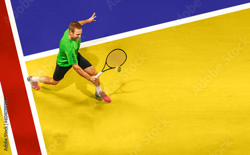Collage. Top view image of mature man, professional male tennis player in motion, training, playing against multicolored court. Concept of sport, active lifestyle, competition, action and motion © master1305