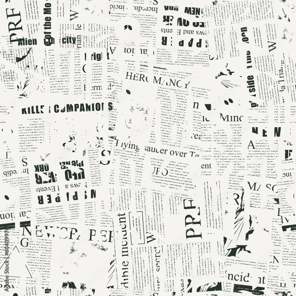 Seamless pattern of ornate Gothic letters against the background of scraps piece of newspapers and magazines. Monochrome repeating texture with ancient Latin letters scratched, dirty backdrop