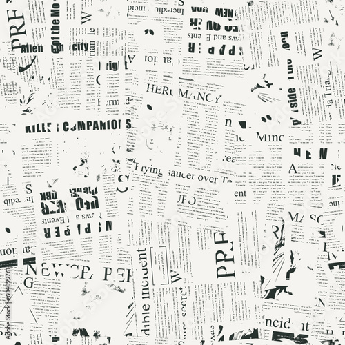 Seamless pattern of ornate Gothic letters against the background of scraps piece of newspapers and magazines. Monochrome repeating texture with ancient Latin letters scratched, dirty backdrop