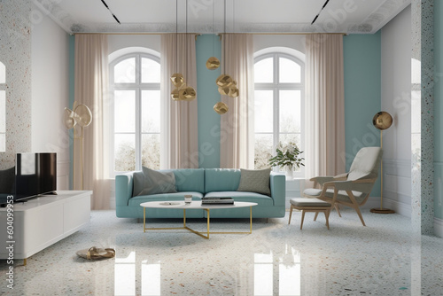 Modern cozy living room, classic clean interior design with blue, white and beige colors. Super photo realistic background, generative ai illustration © Anna