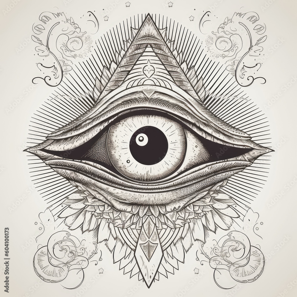 Eyeball with wings, Eye of Providence, black and white linear tattoo ...