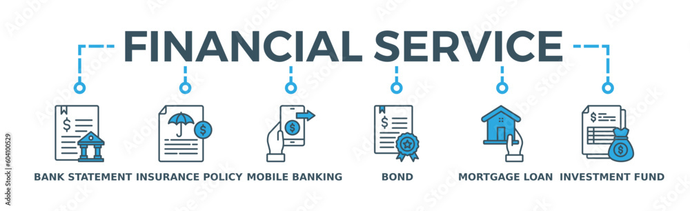 Financial service banner web icon vector illustration concept with icon of bank statement, insurance policy, mobile banking, bond, mortgage loan, investment fund