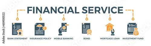 Financial service banner web icon vector illustration concept with icon of bank statement, insurance policy, mobile banking, bond, mortgage loan, investment fund