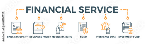 Financial service banner web icon vector illustration concept with icon of bank statement, insurance policy, mobile banking, bond, mortgage loan, investment fund