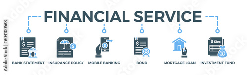 Financial service banner web icon vector illustration concept with icon of bank statement, insurance policy, mobile banking, bond, mortgage loan, investment fund