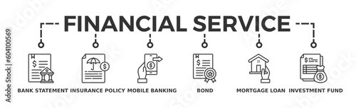 Financial service banner web icon vector illustration concept with icon of bank statement, insurance policy, mobile banking, bond, mortgage loan, investment fund