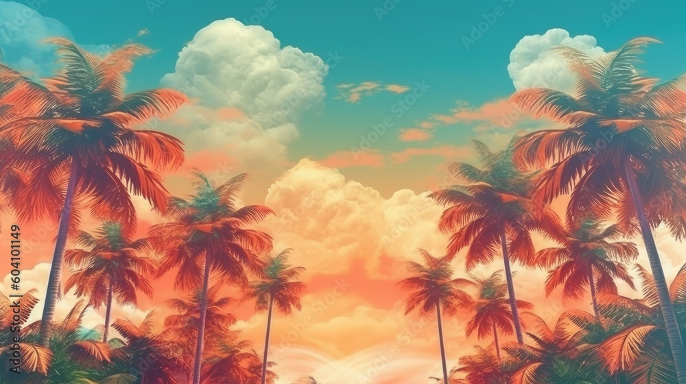 A colorful retro-style summer template of palm trees and sky. (Generative AI)