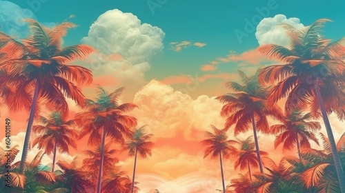 A colorful retro-style summer template of palm trees and sky. (Generative AI)