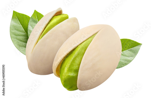 Two delicious pistachios with leaves, cut out