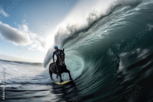 Person riding surfing a horse through an wave in the ocean © Hamburn