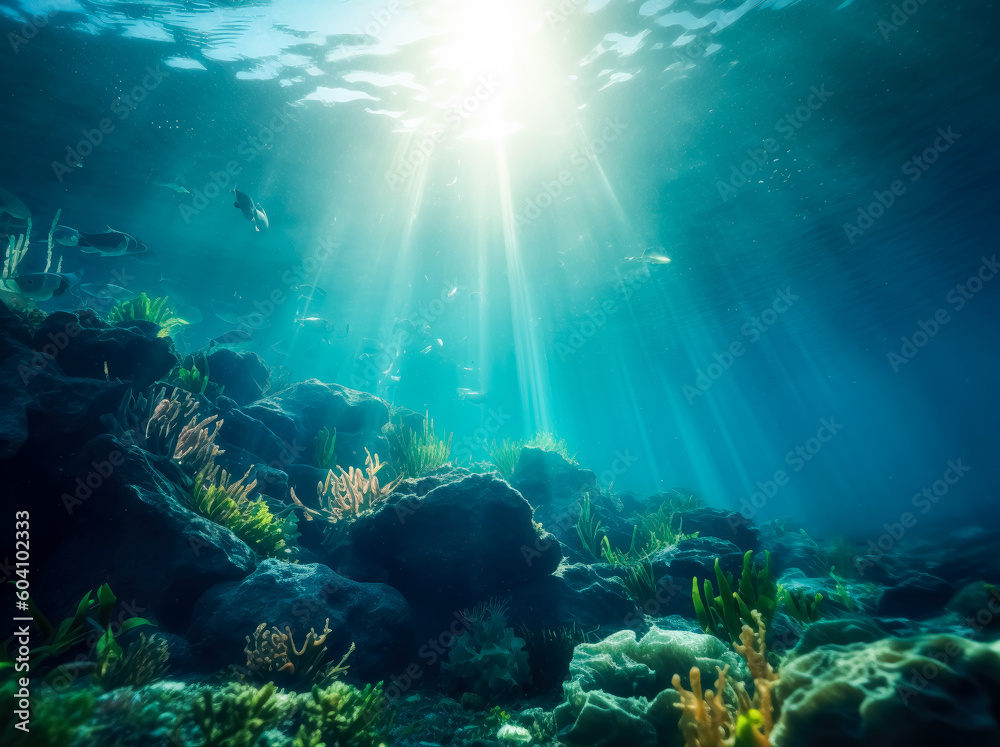 Fototapeta premium Ocean sunlight in the water, atmospheric environment, vibrant. Generative Ai Illustration. 