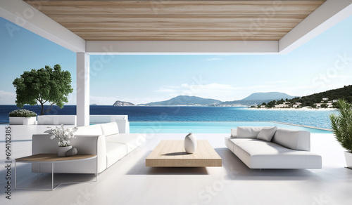 Luxury terrace of seaside resort with white furniture and pool. Travel concept. generative ai
