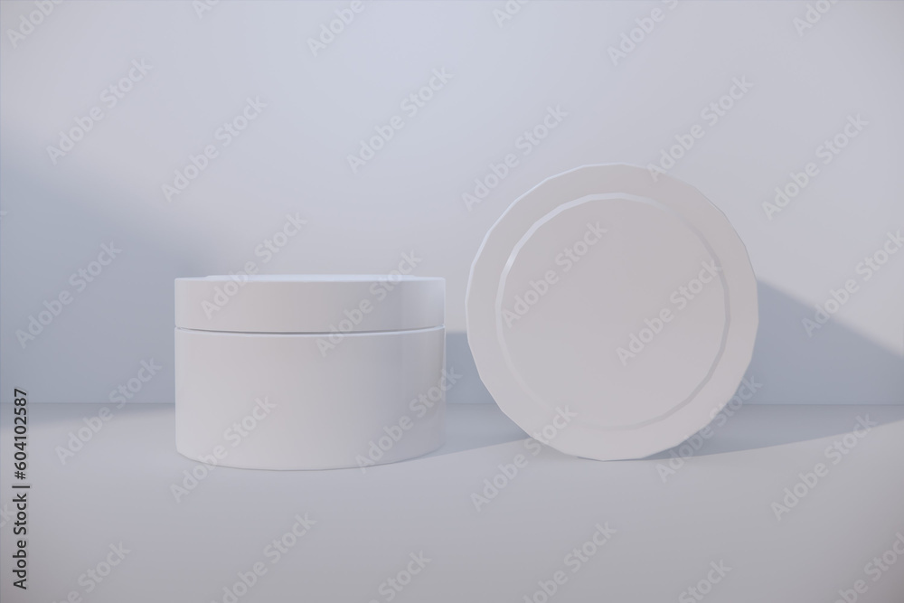 White blank glossy cosmetic plastic jar mock up template on isolated white background, cosmetic container for body cream, gel, butter, bath salt, skin care, powder. 3D illustration White blank glossy cosmetic plastic jar mock up template on isolated white background, cosmetic container for body cream, gel, butter, bath salt, skin care, powder. 3D illustration