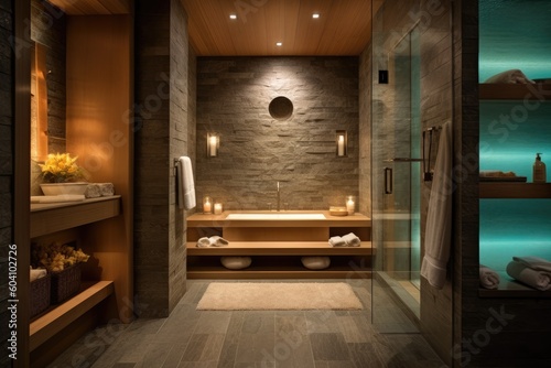 Spa-inspired bathroom with natural stone tiles, a rain shower, and a built-in sauna, providing a tranquil and rejuvenating experience - Generative AI © Hanjin
