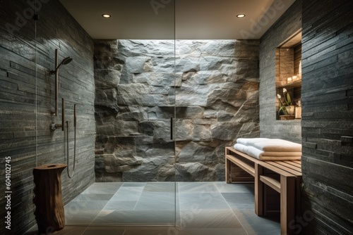 Spa-inspired bathroom with natural stone tiles, a rain shower, and a built-in sauna, providing a tranquil and rejuvenating experience - Generative AI