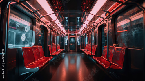 Brightly light empty subway car with red seats for presentation, 