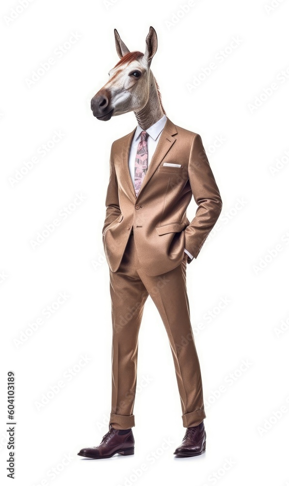 Mule dressed in a suit like a businessman, isolated on white (generative AI)