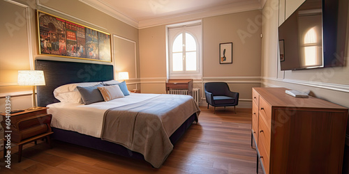 A classic king-sized bedroom with elegant decor - Generative AI © jovannig