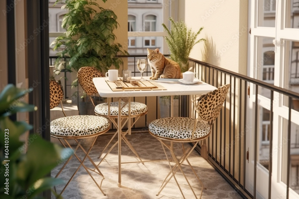 Modern cozy balcony, classic interior design with pastel colors and animal leopard print. Super photo realistic background, generative ai illustration