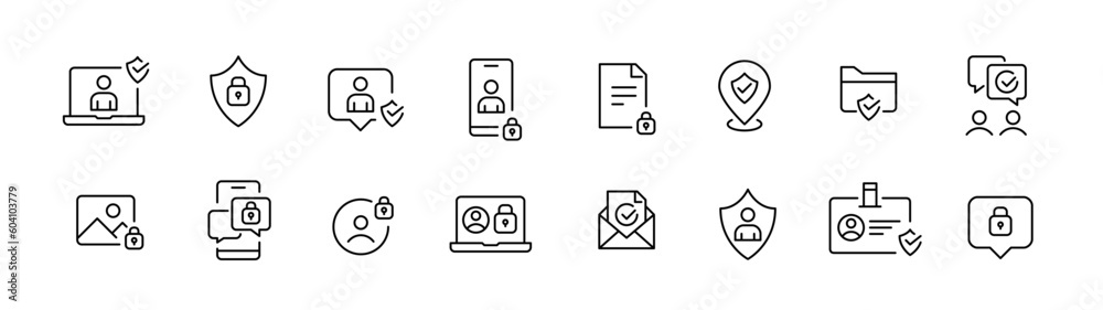 Secure internet presence icons. Safe interactions, protected profile and location. Pixel perfect, editable stroke line icons set Secure internet presence icons. Safe interactions, protected profile and location. Pixel perfect, editable stroke line icons set