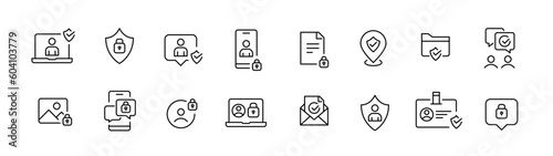 Secure internet presence icons. Safe interactions, protected profile and location. Pixel perfect, editable stroke line icons set