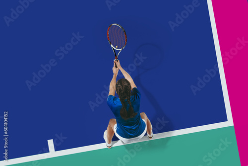 Collage. Top view image of young girl, tennis player in motion, training, playing against multicolored court. Sport lessons. Concept of sport, active lifestyle, competition, action and motion