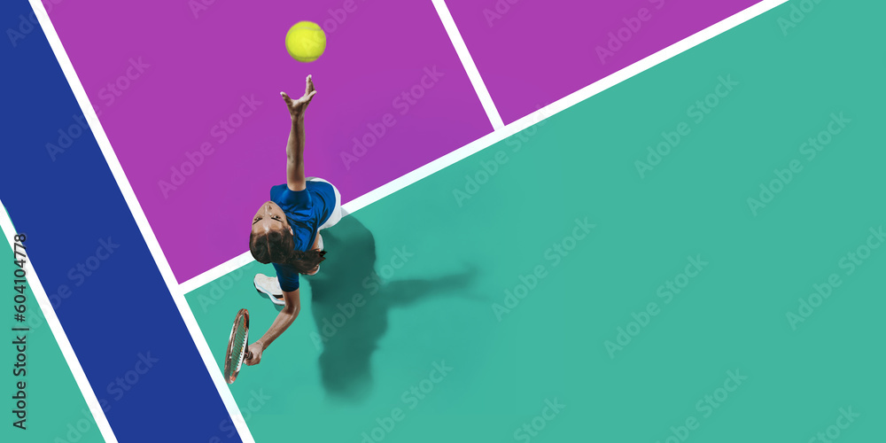 Collage. Top view image of young girl, tennis player in motion, training, playing against multicolored court. Serving ball with racket. Concept of sport, active lifestyle, competition, action, motion - obrazy, fototapety, plakaty 