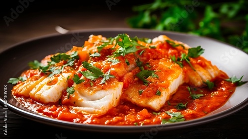 Bacalao a la Vizcaína, Basque-style Cod with Tomato and Red Pepper Sauce, generative AI