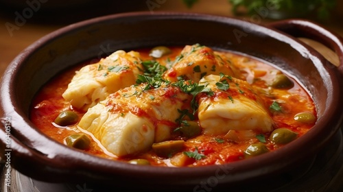Bacalao a la Vizcaína, Basque-style Cod with Tomato and Red Pepper Sauce, generative AI