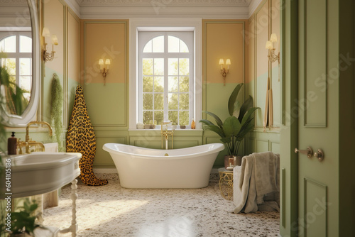 Modern cozy bathroom, classic interior design with pastel colors and animal leopard print. Super photo realistic background, generative ai illustration