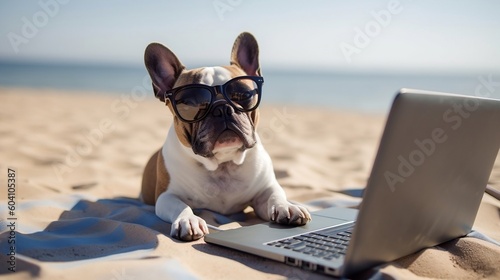 Dog with sunglas laying relaxed on a sunbed at the beach with a laptop, generative AI