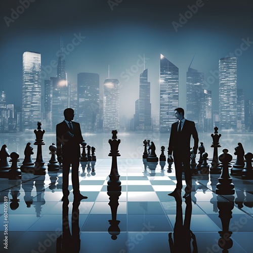 Abstract image representing strategic business planning by showing two business man facing each other on a chess board in front of a city s skyscraper skyline