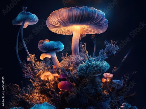 neon mushrooms and flowers ultra detailed. ai generative © Anna