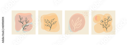 Set of abstract foliage wall art. Leaves  organic shapes  leaf branch  tree in vector line art style. Decoration collection design for interior  poster  cover  banner.
