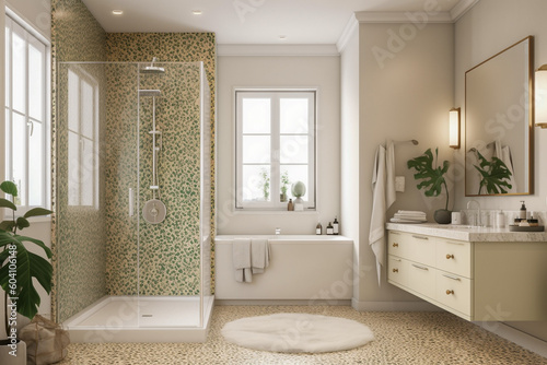 Modern cozy bathroom  classic interior design with pastel colors and animal leopard print. Super photo realistic background  generative ai illustration