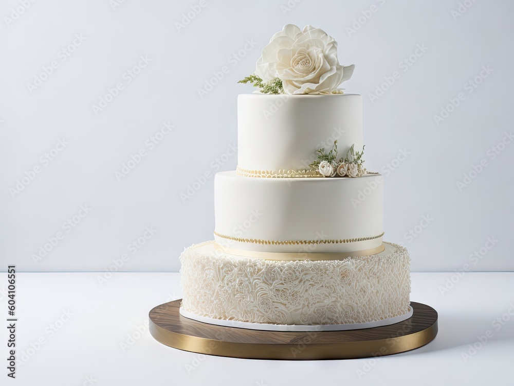 tiered wedding cake on a golden stand on white background. ai generative tiered wedding cake on a golden stand on white background. ai generative
