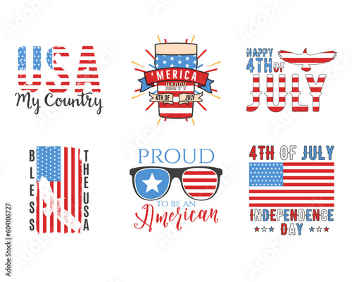 4th of July typography 6 designs set with quotes and elements - hot dog, flags. US Independence Day cliparts. Fourth of July calligraphy, lettering compositions. Vector emblems for t-shirt