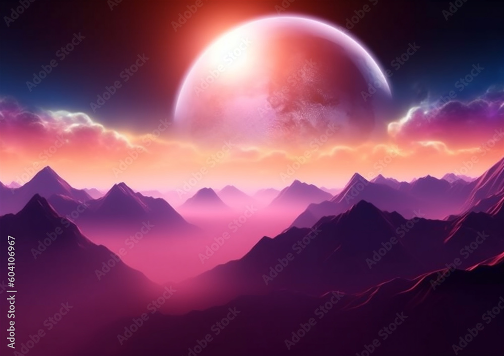 Landscape picture of mountains in purple tones with huge planet in the sky