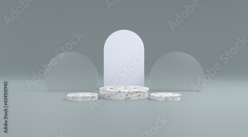3d Platform marble and circle glass in gray background 3d illustration rendering . suitable for product design, event flyer and etc