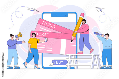 Vector illustration of buying tickets online through smartphone and printed schedule tickets from the phone with people characters