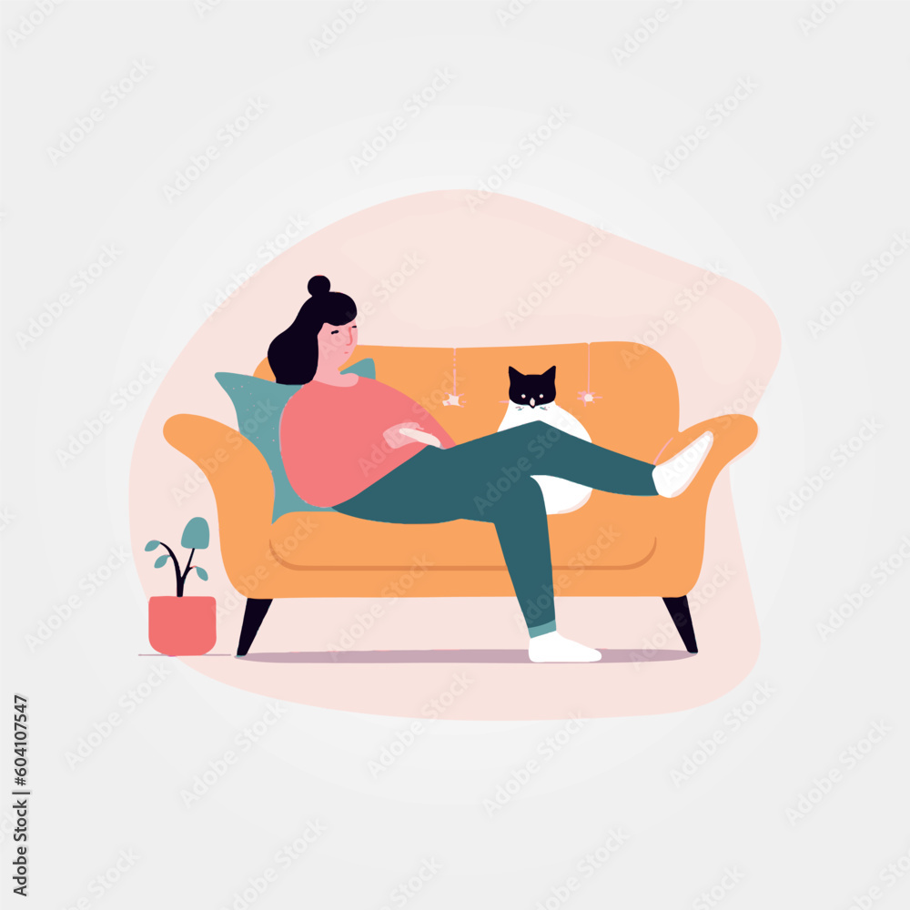 woman resting on sofa with her cat woman resting on sofa with her cat