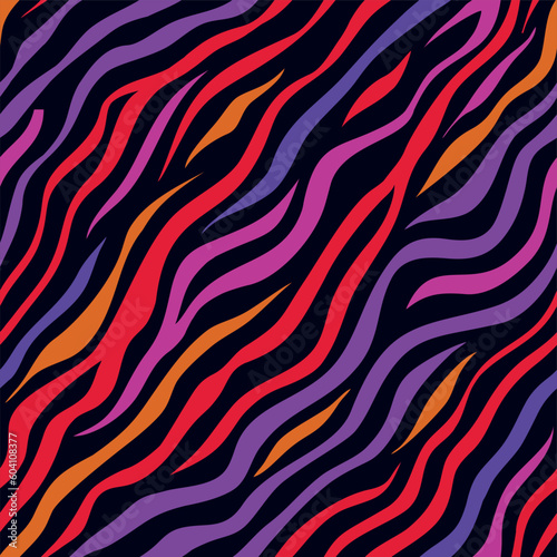 Colorful abstract zebra seamless pattern. Neon lines on black background. Rainbow stripes repeating backdrop. Vector print for fabrics, posters, banners.